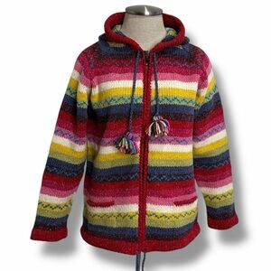 Vintage 90s Striped Sweater Cardigan Pointy Pixie Elf Hood Women's Size M E.C.C.